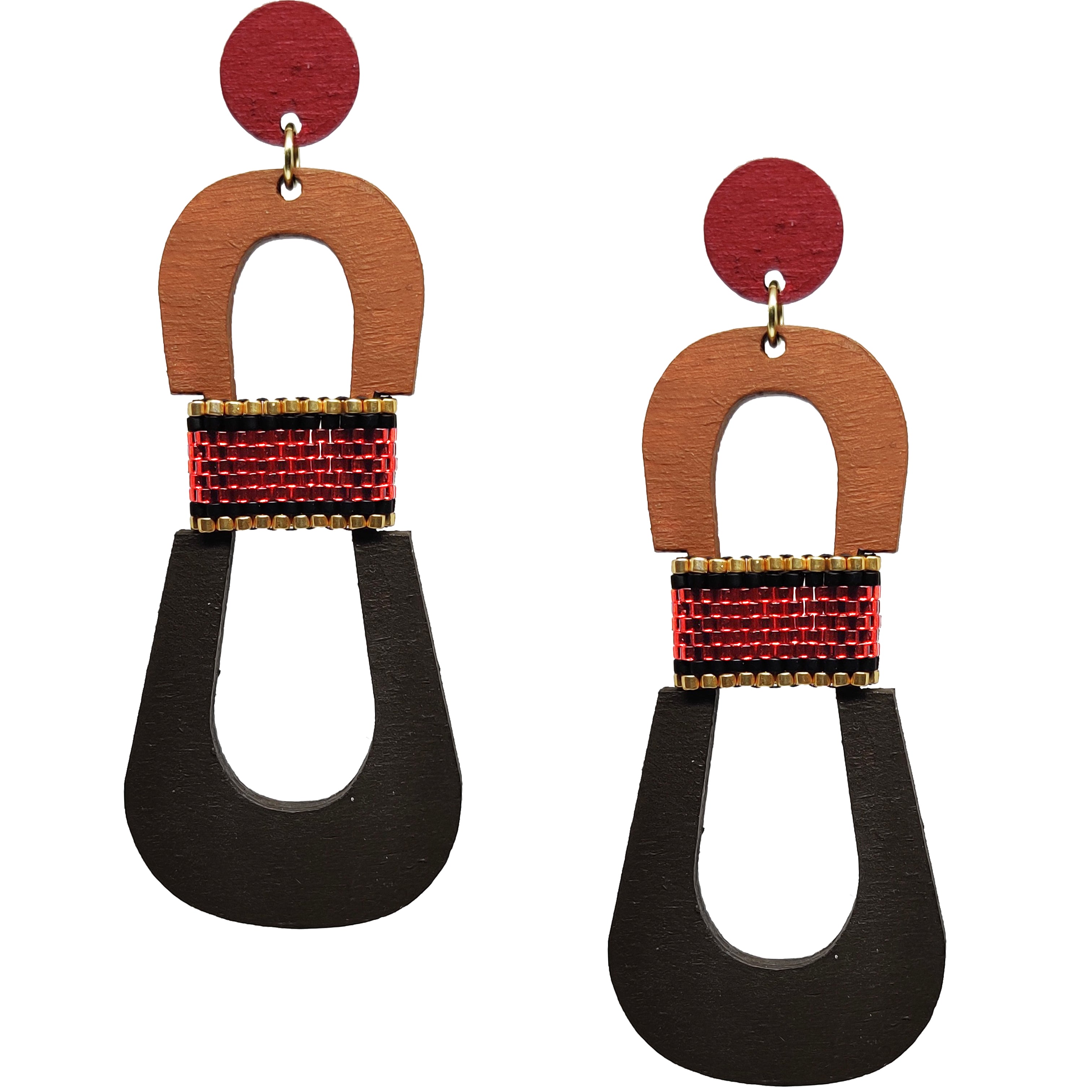 Modern, curvy, red, brown, and dark brown color blocked statement earrings with hand-beaded accents by the brand SCOTCHBONNET.